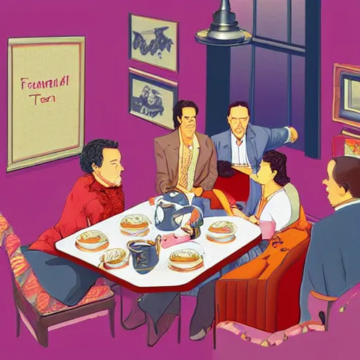 Prompt: seinfeld fancy tea party, digital art, illustration, highly detailed, warm color scheme, soft lighting, sharp focus