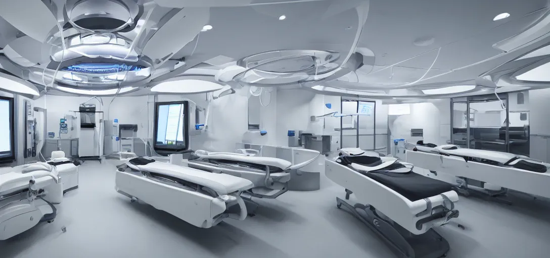 Image similar to photo of hyperfuturistic medical facility with restraints on table