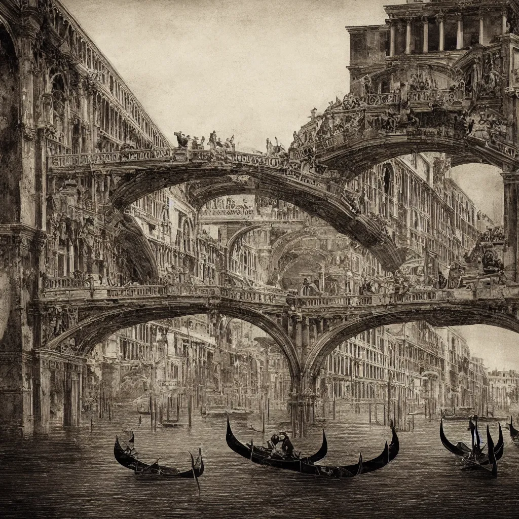 Image similar to the bridges of venice by piranesi, composition, cinematic, rule, grid