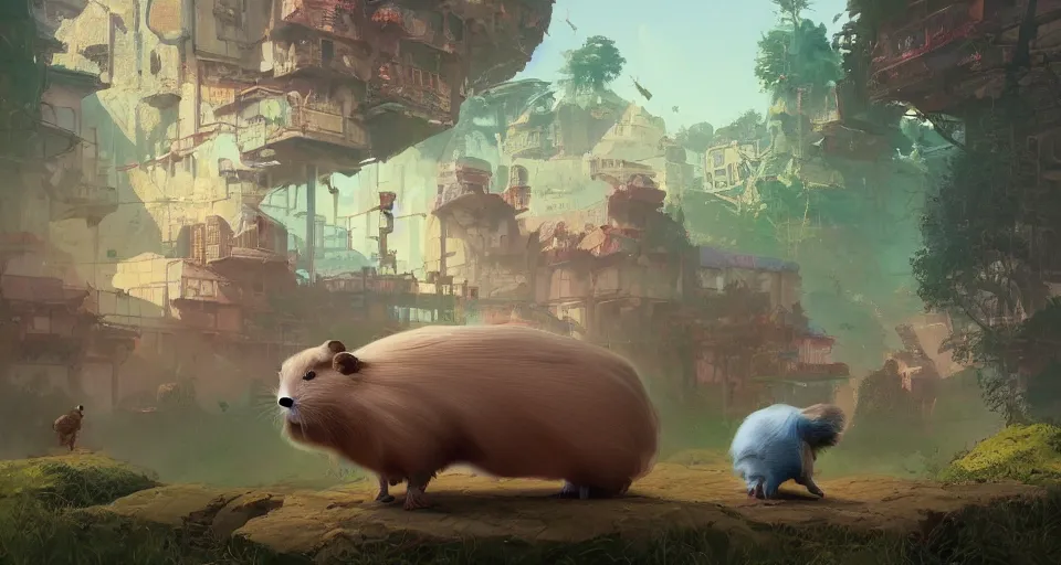 Image similar to hyper realistic cute guineapigs everywhere, by simon stalenhag, frank frazetta, greg rutkowski, beeple, christian macnevin, wlop and krenz cushart, epic fantasy character art, volumetric outdoor lighting, midday, high fantasy, cgsociety, cheerful colours, full length, exquisite detail, post - processing, masterpiece, cinematic