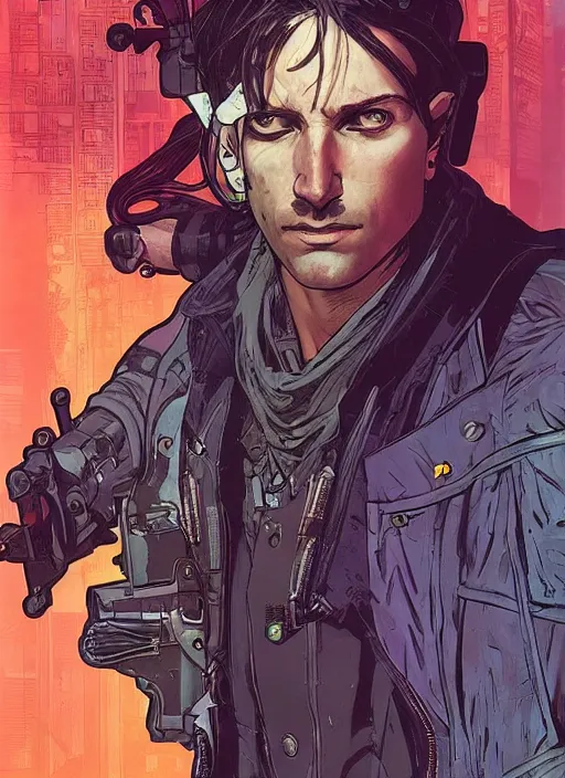 Prompt: cyberpunk detective. portrait by ashley wood and alphonse mucha and laurie greasley and josan gonzalez and james gurney. spliner cell, apex legends, rb 6 s, hl 2, d & d, cyberpunk 2 0 7 7. realistic face. character clothing. vivid color. dystopian setting.