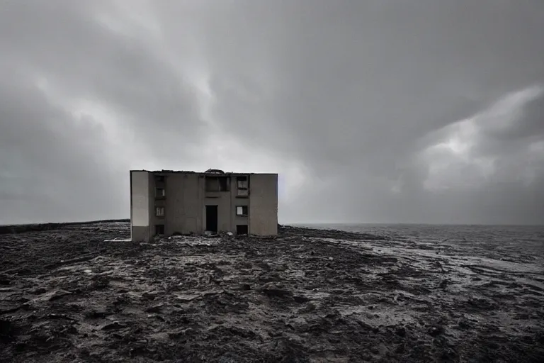 Image similar to danila tkachenko, low key lighting, an abandoned soviet apartment building in the middle of the ocean, storm, lighning storm, crashing waves, dramatic lighting