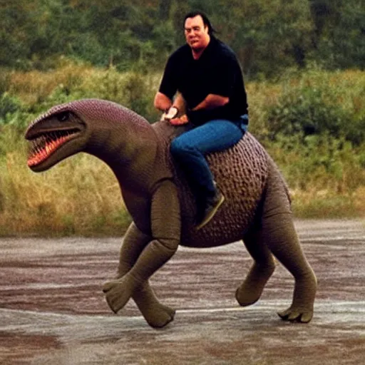 Image similar to Steven Seagal riding a dinosaur