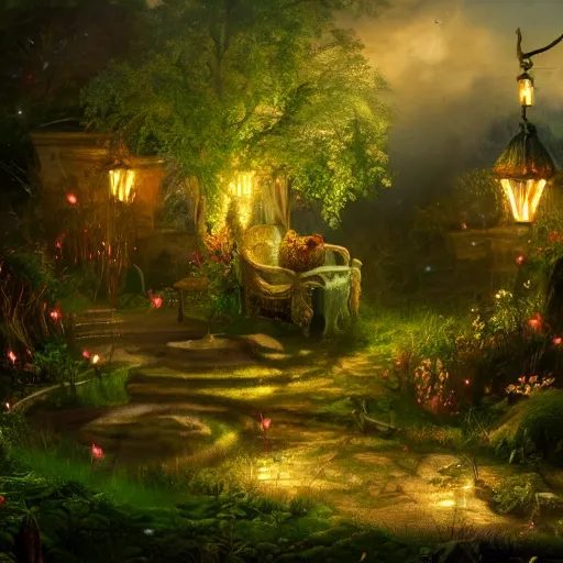 Image similar to fairy glowing magically at night concept art, realistic garden, beautiful, glorious, matte painting, highly detailed, trending on artstation, 4 k