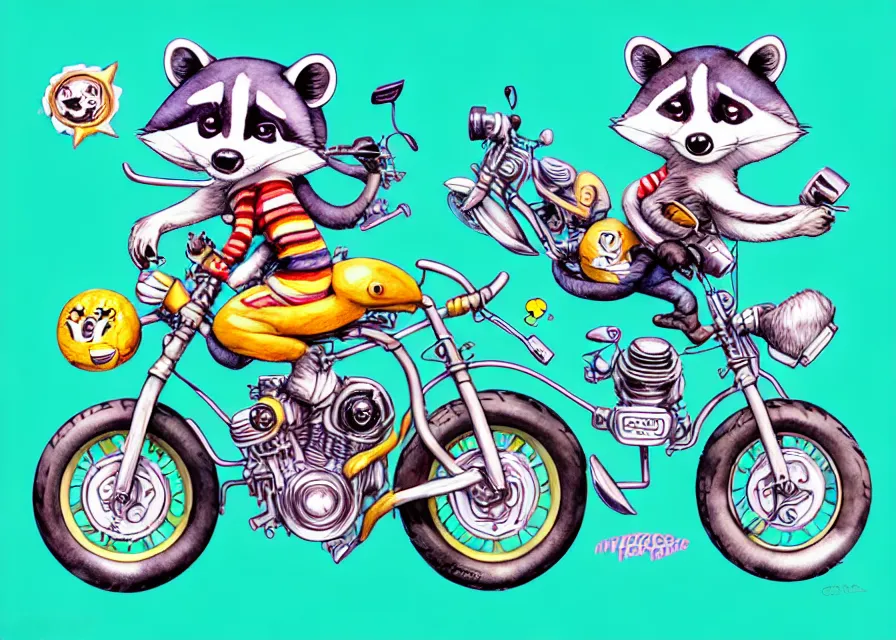 Image similar to cute and funny, racoon riding in a tiny sport motorcycle with oversized engine, ratfink style by ed roth, centered award winning watercolor pen illustration, isometric illustration by chihiro iwasaki, edited by range murata, tiny details by artgerm and watercolor girl, symmetrically isometrically centered