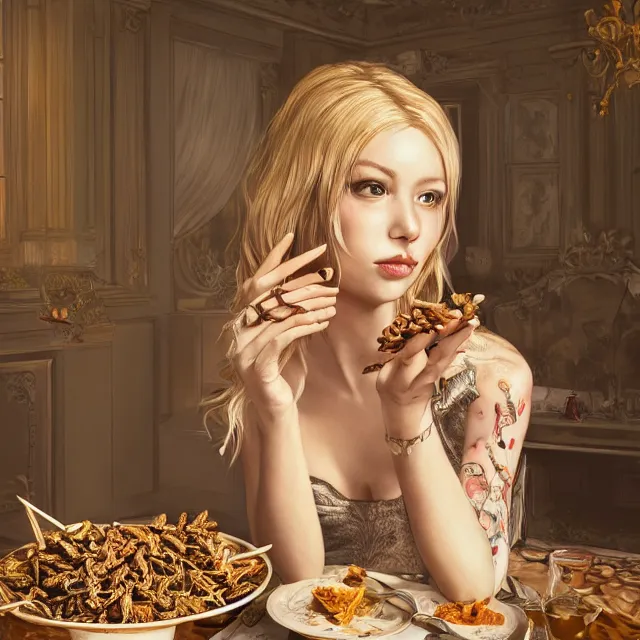 Image similar to studio portrait of blonde women eating insects at claridges, ultrafine hyperrealistic detailed face illustration by kim jung gi, irakli nadar, intricate linework, sharp focus, bright colors, matte, octopath traveler, final fantasy, unreal engine highly rendered, global illumination, radiant light, intricate environment