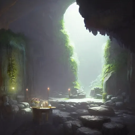 Prompt: cozy, empty bathhouse hidden in a cave, candlelight, towels, cushions, natural light, lush plants and flowers, elegant, smooth cave rock, fantasy, atmospheric lighting, digital painting, Greg Rutkowski concept art