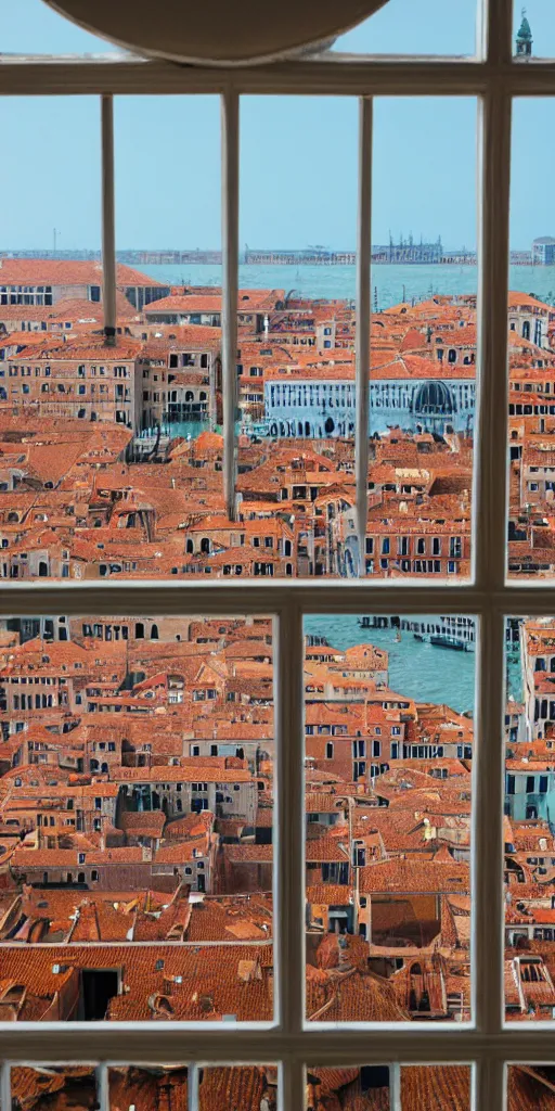 Image similar to window in foreground, venice in background, by wes anderson