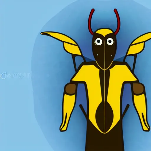 Image similar to human man that resembles a wasp morh in surreal sketch style, blue and yellow gradient, noise, ultrafine detail, hd 8k, logo illustration