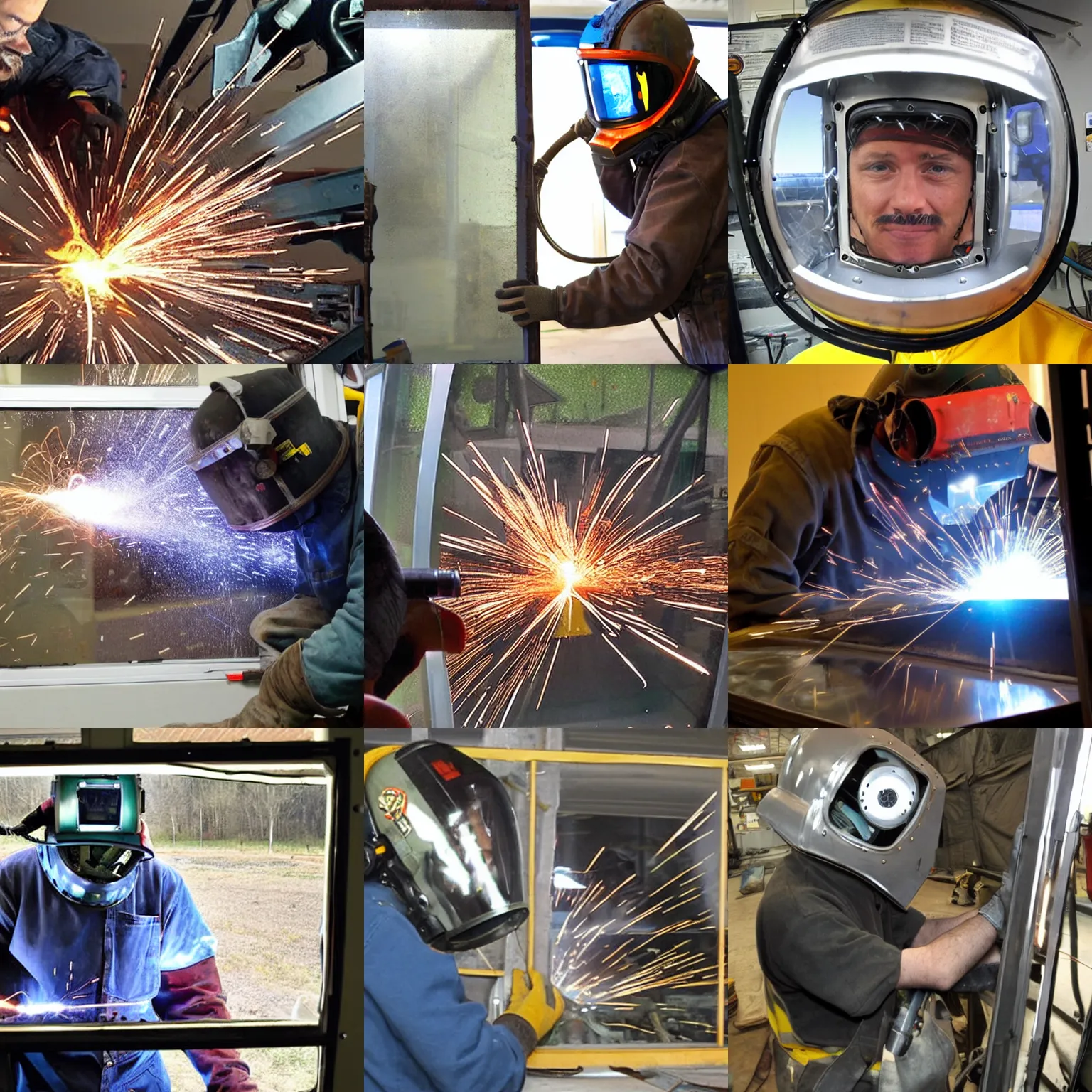 Prompt: man tig welds a fighter jet window, cheap, maintenance, helmets