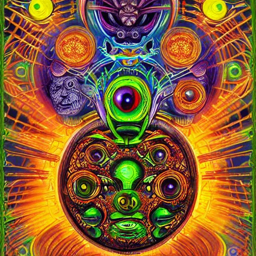 Prompt: ''realistic three headed insectoid cyborg humanoid alien with three big heads 10 eyes third eyes and glowing razorwired steampunk hair body made of geomtric pattern and microbial bacteria hyperrealistic detailed intricate sci fi cyberpunk peter max colors alex grey dmt ayahuasca geometric pattern in the background merkabah flower of life ''