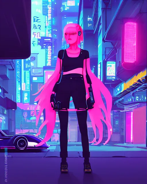 Image similar to digital illustration of cyberpunk pretty girl with pink hair, standing by a blue ford gt in a street at night, under streetlights, by makoto shinkai, ilya kuvshinov, lois van baarle, rossdraws, basquiat