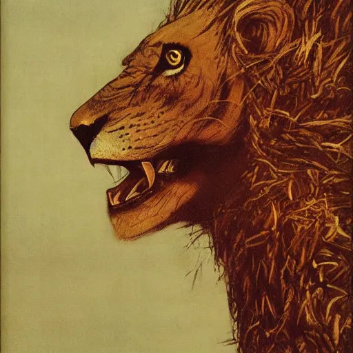 Prompt: coiled cobra neck neck wearing a lion lion costume chris cold j.m.w. turner greg rutkowski giorgio de chirico ralph steadman arsen savadov dan witz uta natsume aquatint