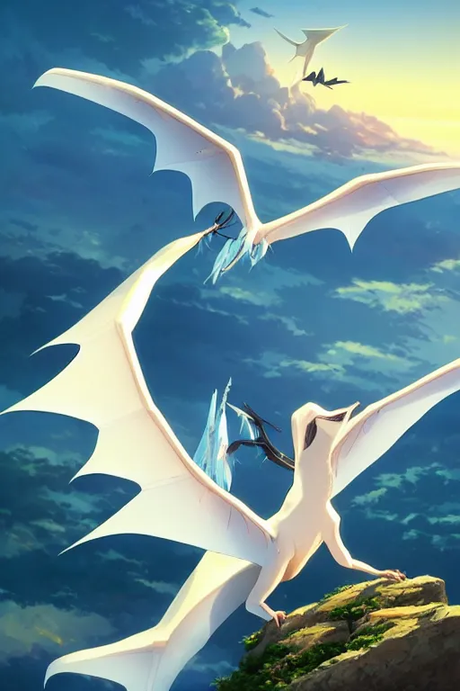 Image similar to a large smooth skinned white creature hybrid pterosaur, small quills along it's back, long fangs, sitting on a cliff high in the sky, sunset, backlit, beautiful composition, by makoto shinkai an krenz cushart