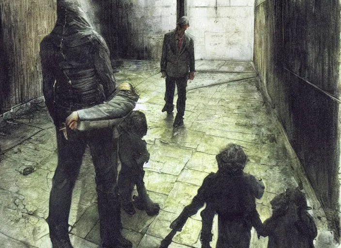 Prompt: dark alley with a poor child being arrested by a futuristic cop with children all around him, painting by andrew wyeth and alan lee, very detailed, somber mood,