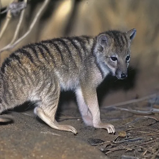 Image similar to small baby thylacine, ‘Tasmanian ((tiger))’, thylacine, detailed fur, long thin tail, long snout