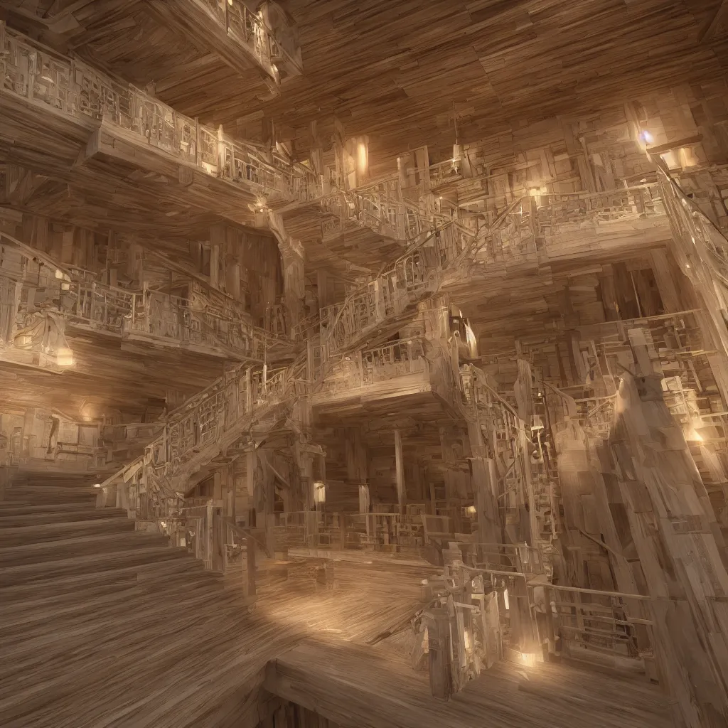 Image similar to a wooden and marble monumental stair tower of light climbing up, designed by japanese architect, highly detailed, 4 k, unreal engine, volumetric lightning, mist, golden goddess athena