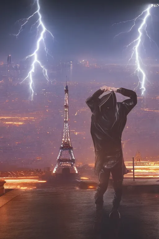 Image similar to in the foreground Paris, in the background a dark-haired man from behind playing with lightning coming out of his hands wearing a long matrix-style jacket, realistic, high definition, many details, dramatic scene, symmetrical face, realistic eyes, cyberpunk art 2077