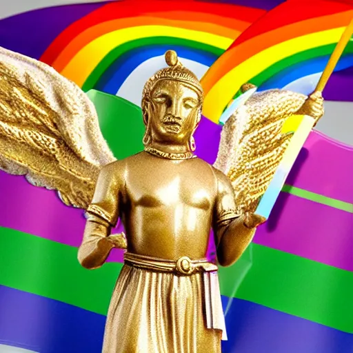 Image similar to angel moroni wearing a pride flag