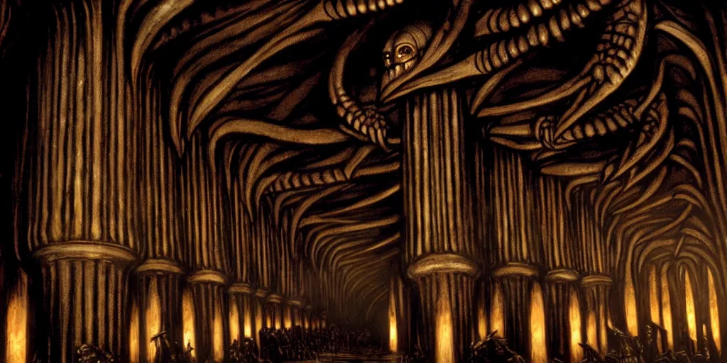 Prompt: balrog in the great hall of moria, columns along both sides of the great hall, style of h. r. giger, dark, cinematic