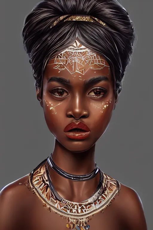 Image similar to A bust of a beautiful black skinned Australian indigenous girl with large lips and smooth eyebrows and straight hair, HD, illustration, epic, fantasy, intricate, elegant, amazing detail, digital painting, artstation, concept art, smooth, sharp focus, illustration, art by Turine Tran