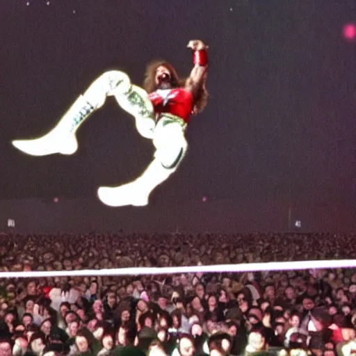 Image similar to Macho Man Randy Savage performing elbow drop from orbit. Reentry burn, Space, Extreme wide shot, long shot, High Quality, 4k