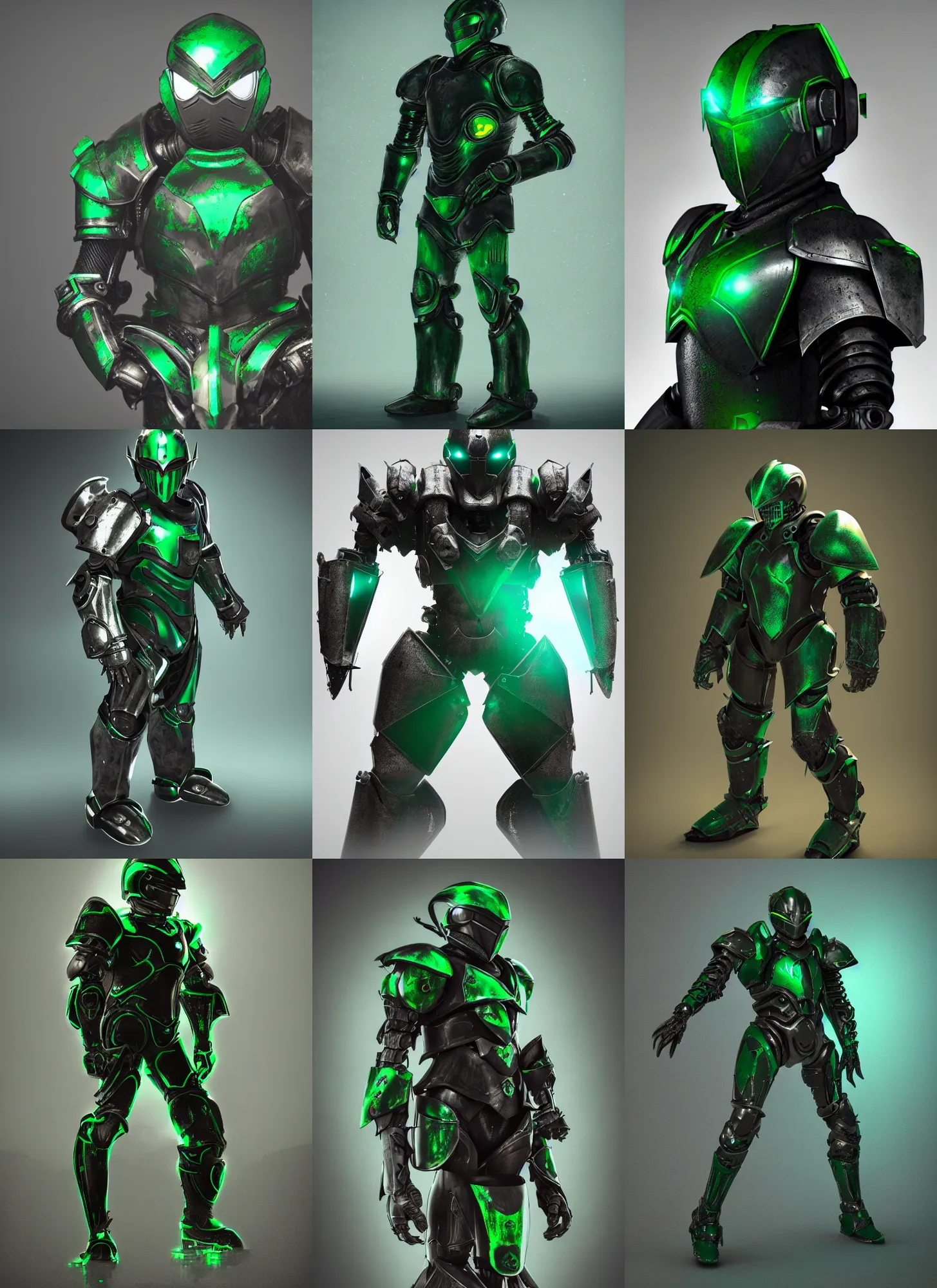 Prompt: Knight inspired power armor, Kamen Rider influence, dragon, rubber undersuit, chainmail, octane render, moody colors, dark green color scheme, 4k, glowing eyes in helmet, industrial environment, horror movie lighting, horror movie cinematography, biomechanical elements, hyper realistic