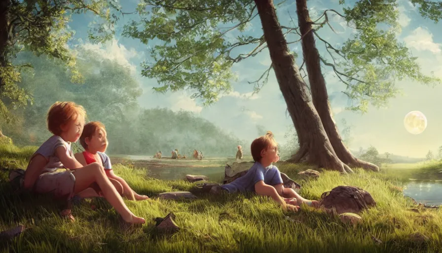 Prompt: kids sitting on grass looking giant moon in the sky, forest, lake, hyperdetailed, artstation, cgsociety, 8 k