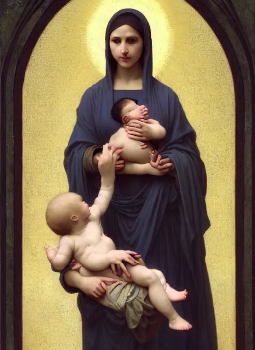 Prompt: realistic detailed 8k photo of futuristic holy cyborg-robotic-mother holding a newborn baby child in hands by Raphael Santi, William-Adolphe Bouguereau, orthodox icon Neo-Gothic, gothic, rich deep colors. masterpiece, intricate artwork by Tooth Wu and wlop and beeple, greg rutkowski. still from a 2021 movie by Terrence Malick, Tarkovsky, Gaspar Noe, James Cameron,