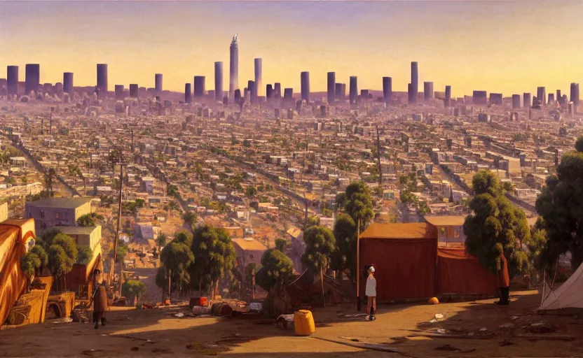 Image similar to ghibli illustrated background of strikingly beautiful skid row, los angeles, california, with strange city skyline is seen in the distance, tents, streets by vasily polenov, eugene von guerard, ivan shishkin, albert edelfelt, john singer sargent, albert bierstadt 4 k, ultra wide