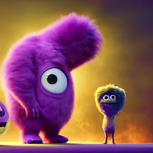 Image similar to a purple fluffy monster, adorable and cute, pixar, octane render, 4k, monster in middle of picture