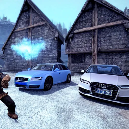 Prompt: a dragon fighting against a denim blue audi a 4 b 6 avant in whiterun, skyrim gameplay footage