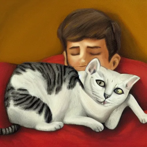 Image similar to a cat sitting on the head of a boy sleeping on a couch, by gerald grom