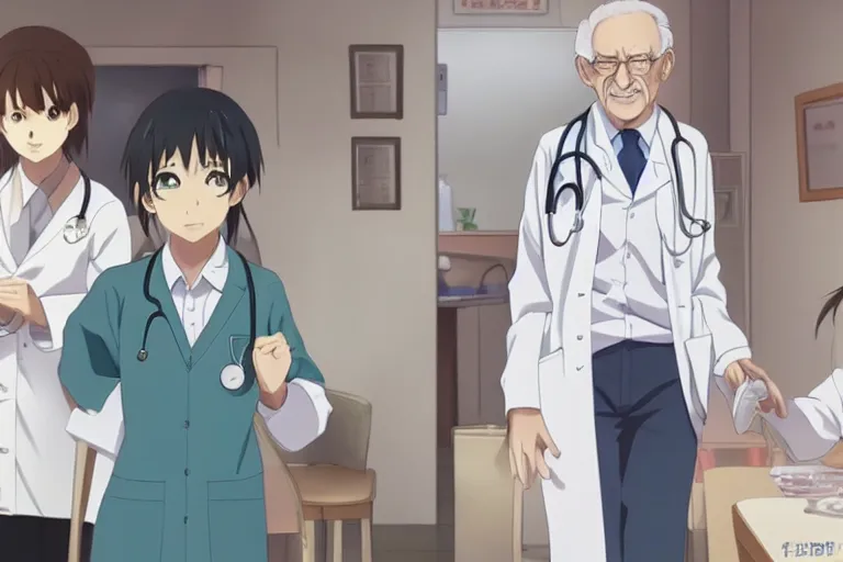 Image similar to a cute young female doctor wearing white coat, an old man of 80 years in a wheelchair, hospital ward, slice of life anime, cinematic, realistic, anime scenery by Naoshi Arakawa:8 and Makoto shinkai