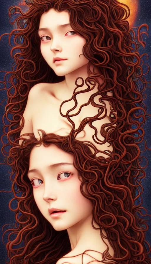 Prompt: a beautiful young girl, goddess of darkness surrounded by lava cliffs and rubies, with long curly hair, perfectly proportioned face, brown eyes, sweet smile, strong jawline,, natural lighting, path traced, highly detailed, high quality, cartoon, digital painting, by new haicheng and h. r. giger and studio ghibli and alphonse mucha