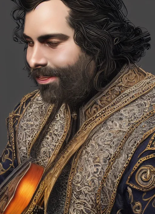 Prompt: a highly detailed character portrait of a singing male bard, ornate leather tunic, intricate, digital painting, artstation, concept art, smooth, sharp focus, illustration, deep vibrant colors, hyperrealistic, photorealistic