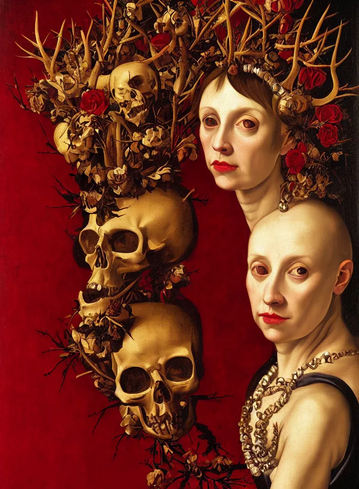 Image similar to portrait of a woman with a golden skull instead of a head, a wreath of thorns, a dress of bones and roses, horns, snakes, smoke, flames, full-length, oil painting in a renaissance style , very detailed, red background, painted by Caravaggio.