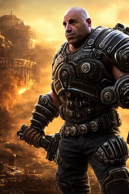 Prompt: Joe Rogan as a smiling muscular Gears of War character, photorealism, full body, HDR ambient background, unreal engine 5, hyperrealistic, highly detailed, XF IQ4, 150MP, 50mm, F1.4, ISO 200, 1/160s, cinematical light, Adobe Lightroom, photolab, Affinity Photo, PhotoDirector 365, realistic