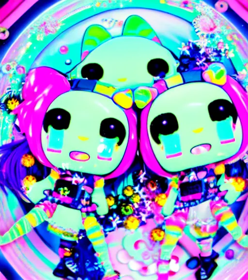 Image similar to cybergoth decora glitchcore yokai girl, sanrio tamagotchi moe ornaments, pastel cute cinematography