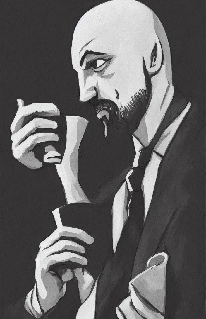 Prompt: detailed portrait of kratos in a suit holding a cup of coffe in his hand, black and white, 5 0's style.