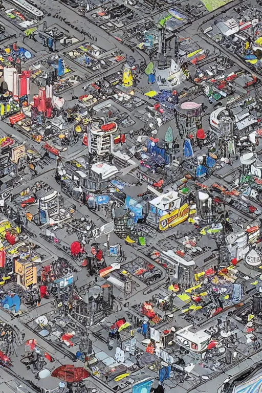 Image similar to it's an anime mural by katsuhiro otomo, it depicts a robotic giant towering over a world's city. below him are rows of cars and roads, while in the sky above are airplanes.