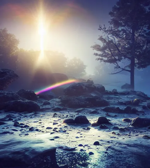 Image similar to celestial crosshairs across the land and sky, majestic light, octane render, beauty fog, ethereal glare of the sun, raining rainbow, volumetric lighting, hyperealistic, epic, masterpiece