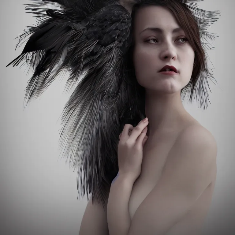 Prompt: hight focus of a wonderful realistic focused sweet wonderful symmetrical mid portrait of a lonely beautiful woman, only her dress is like a realistic black raven plumes, image in center, dramatic light, octane render - 8 k