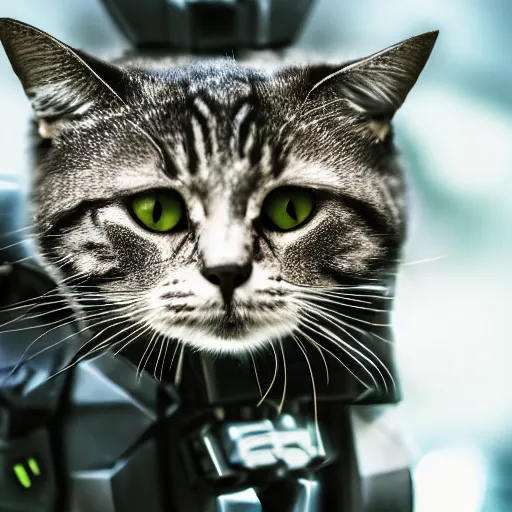 Image similar to cat in a mecha armor, moody lighting, 8 k, shallow depth of field, cinematic lighting,