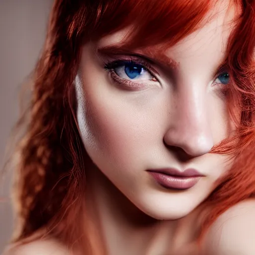 Prompt: A gorgeous redhead, classy, glowing eyes, modelsociety, raytracing, studio lighting, perfect face, intricate, Sony a7R IV, symmetric balance, polarizing filter, Photolab, Lightroom, 4K, Dolby Vision, Photography Award