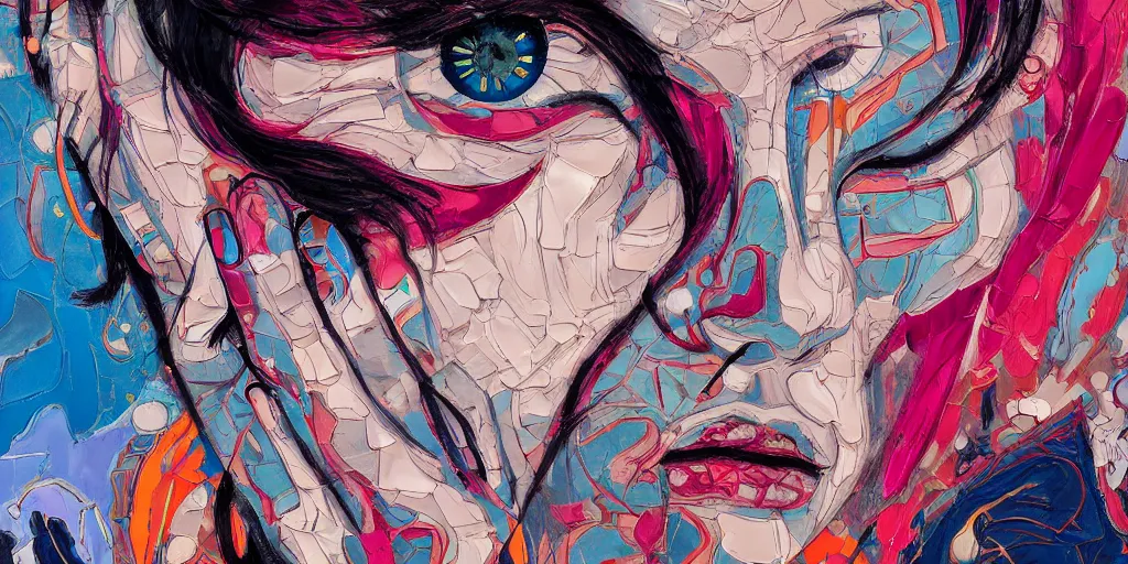 Image similar to abstract painting, cyborg woman crying, in the style of jin kagetsu and james jean, background by beatriz milhazes, highly detailed, face symmetry, masterpiece, sharp focus, realistic intricate concept art, dramatic lighting, 8 k