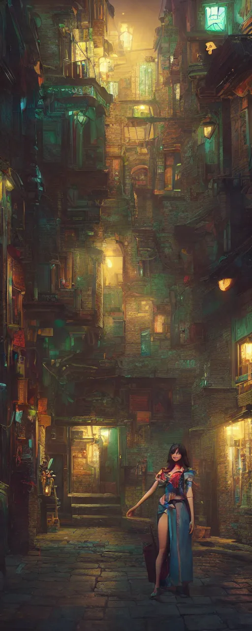 Image similar to portrait of tavern bard gemma chan infront of tiny, narrow dark streets with exotic dancers, exterior, two stories, vaporwave aesthetics, 8 k uhd, unreal engine, octane render in the artstyle of finnian macmanus, john park and greg rutkowski