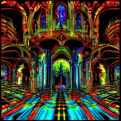Image similar to Crazy cathedral, weirdcore, dreamcore, old crt overlay, old computer graphics, colourful