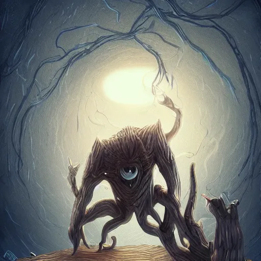 Image similar to cowering in fear from the limitless creativity monster, fantasy style, hd illustration