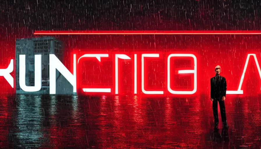 Prompt: big budget action movie about the exterior of a robotics corporation, night, raining, glowing red logo.